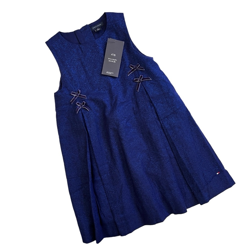 TOMMY HILFIGER Girls Navy Blue Dress Sz 4T Linen Cotton Sparkle Bow